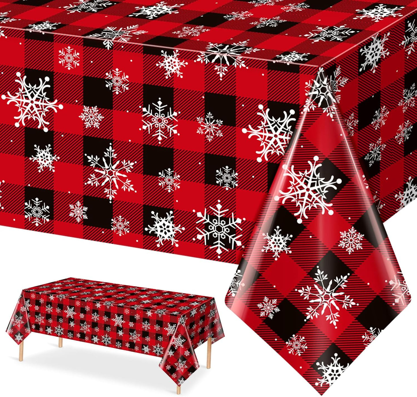 1 Pieces Red and Black Buffalo Plaid Merry Christmas Party Tablecloth Decorations,Plastic White Snowflake Buffalo Plaid Sign Table Cover for Winter Christmas Holiday Party Supplies,54x108 inch