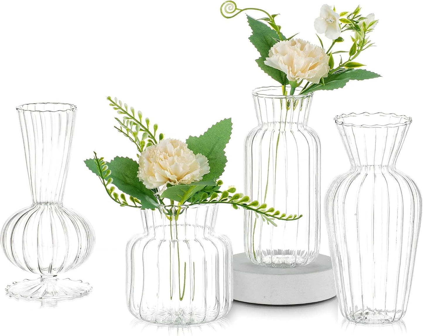 Modern Clear Glass Bud Vase Set: Glasseam 4Pcs Small Mini Flower Centerpieces Vases Handmade DecorativeCute Short Window Corner Home Decor for Wedding Reception Dining Table Single Rose Flowers