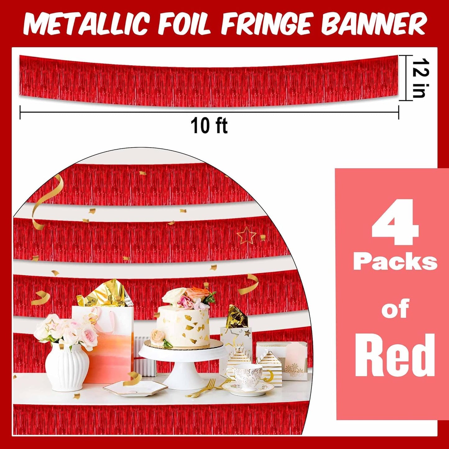4 Pack 10 Ft Red Foil Fringe Garland Metallic Streamers Tinsel Banner Wall Hanging Garland Backdrop for Parade Floats, Halloween, Christmas, Thanksgiving, New Year Party Decorations