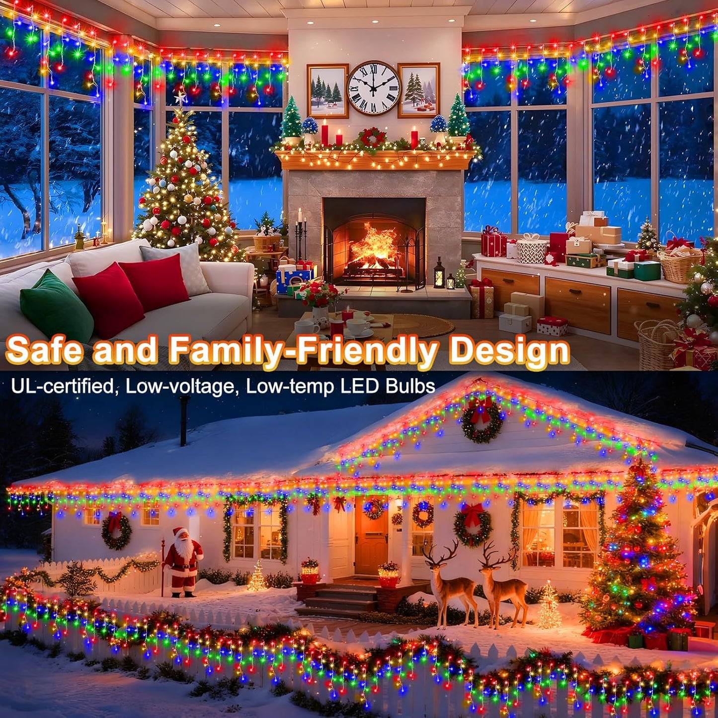 KNONEW 99ft 1216 LED Christmas Lights Outdoor 8 Modes Curtain Fairy String Light with 228 Drops, Clear Wire LED String Light Decor for Wedding Party Christmas Decorations(Multicolor)