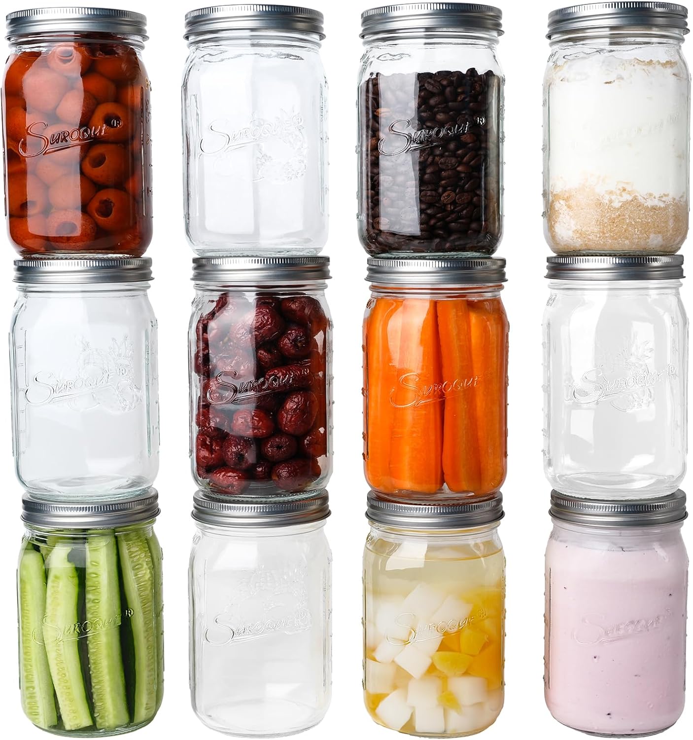 Mason Jars 32 oz Glass Canning Jars 12 Pack Wide Mouth Mason Jar With Airtight Lids