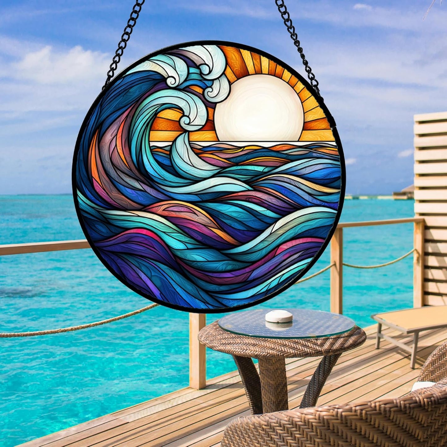Stained Glass Window Hanging, Big Wave Sun Suncatcher Diamond Glass Panel Hangings Abstract Sun Catchers Decor for Birthday for Women, Men, Wife, Aunt, and Mom 14.9x14.9 in