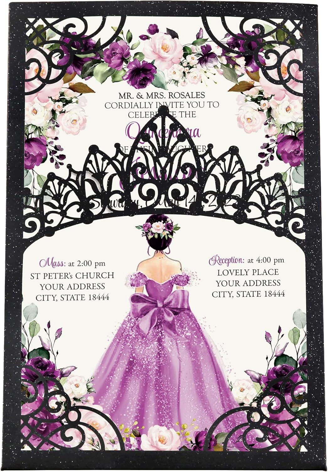 50Pcs Purple Crown Invitations for Quinceanera, 15 year, Sweet 16, Miss XV, Birthday Laser Cut Quince Invitation Cards Personalized Pearlized Black