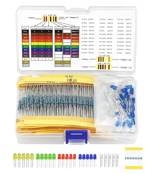 800-Piece Electronic Components Kit for Circuit Boards - 600 Resistors (10Ω-1MΩ) + 200 LEDs Complete Soldering Kit w/ 5 Color 5mm LEDs & 30 Value Metal Film Resistors for DIY Boards