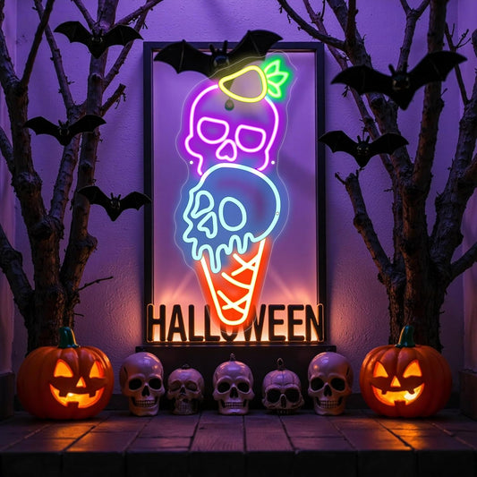 Halloween Ice Cream Skull Neon Sign, Quirky Gothic LED Wall Art,Skull Neon Light Ice Cream Neon Lighht Halloween Decor Wall Halloween Neon Sign Coffee Shop Decor, Christmas Party Bar Drink Shop-Purple