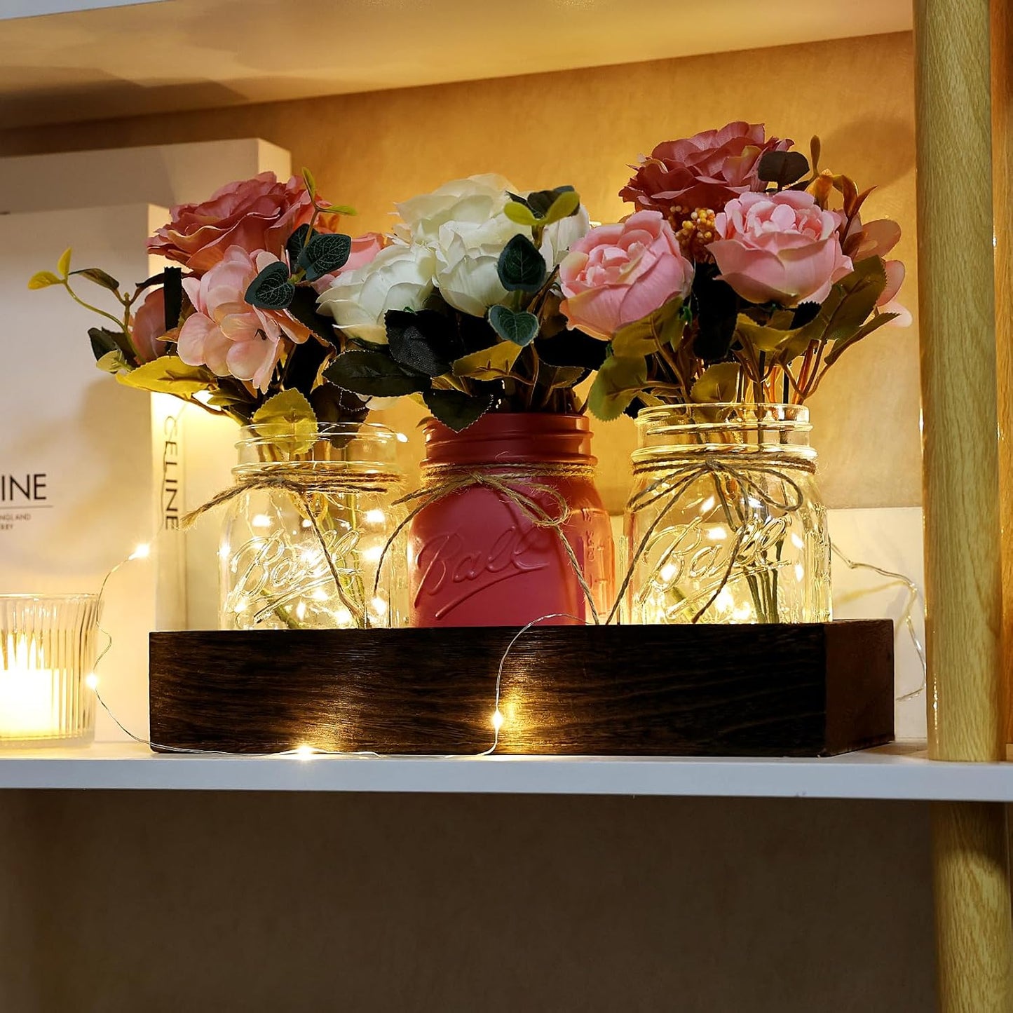 Mason Jar Lights Centerpiece for Table, Mason Jar Centerpiece Decor for Dining Room Farmhouse Coffee Table Decor with Wood Tray Fairy Lights Fake Peony Flowers for Kitchen Living - Pink White