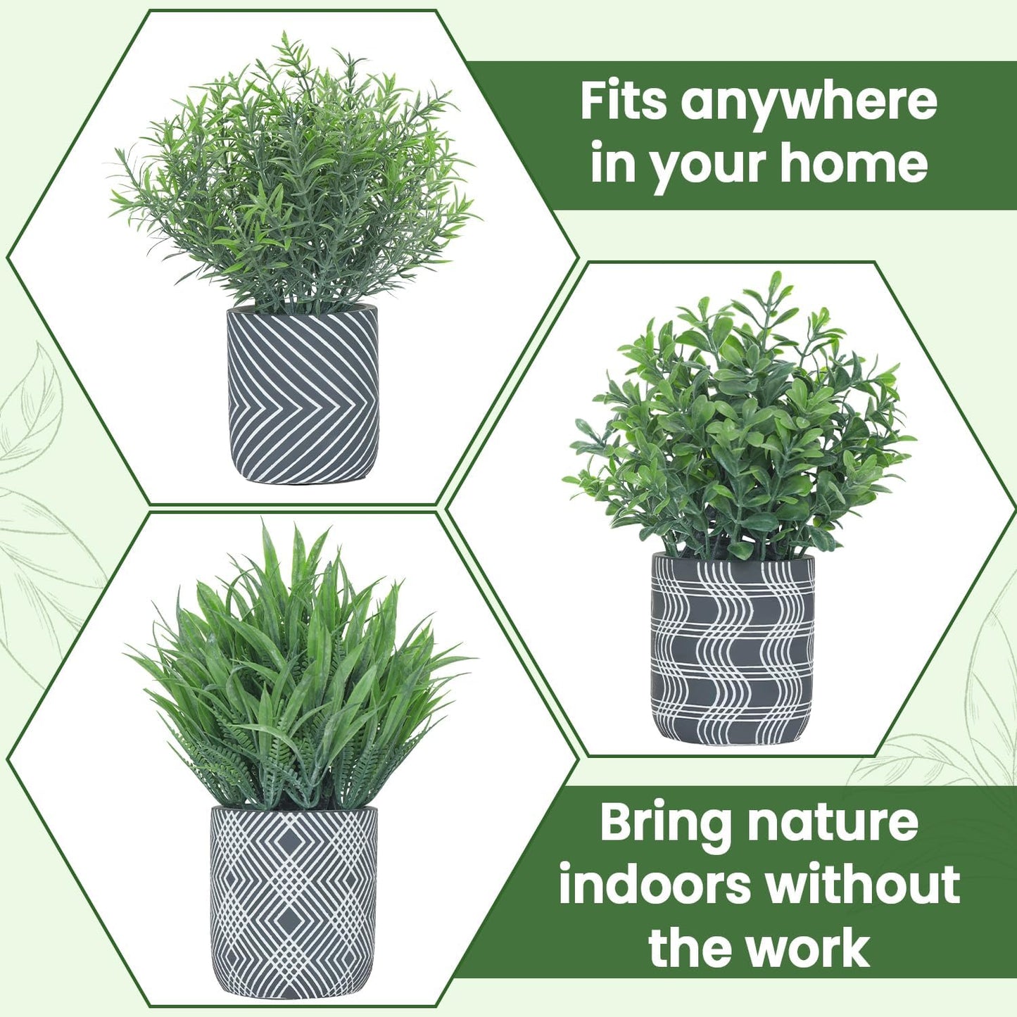3 Pack Small Fake Plants, Fake Grass Plant, Artificial Boxwood & Rosemary with Geometric Pattern Cement Pots, Small Potted Faux Greenery for Home Decor, Bathroom, Office, Farmhouse Decoration