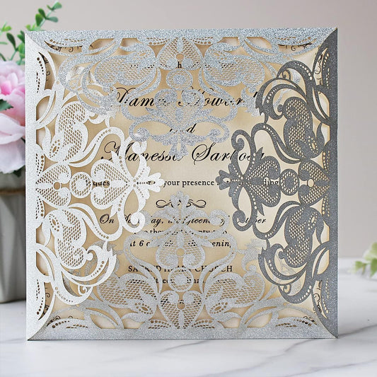 Hosmsua 6.3 x 6.3 Inch 50PCS Silver Glitter Laser Cut Hollow Lace Rose Wedding invitation Cards with Envelopes Wedding invitations for Anniversary Invite (Silver Glitter)