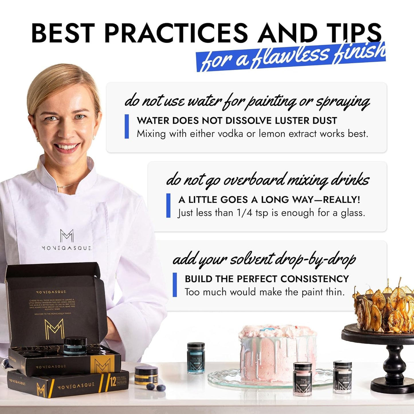 MONÉGASQUE Blue Edible Glitter for Drinks 7g – Edible Glitter for Cakes - Blue Luster Dust for Drinks, Cocktail, Cake, & Strawberries - Halloween Drink, Food, & Cake Decorations Spray Sparkles