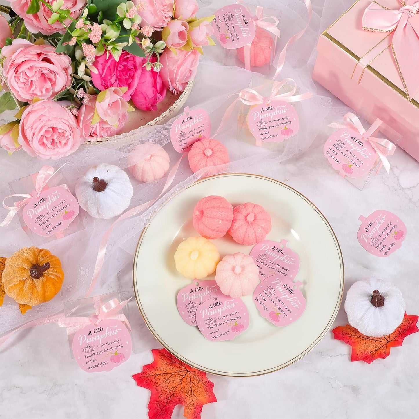 30 Set Pumpkin Soap Baby Shower Favors, Pink Mini Pumpkin Soap Baby Shower Decoration with Thank You Cards and Boxes Guest Gifts for Fall Thanksgiving Gender Reveal Wedding Autumn Party Supplies, Pink