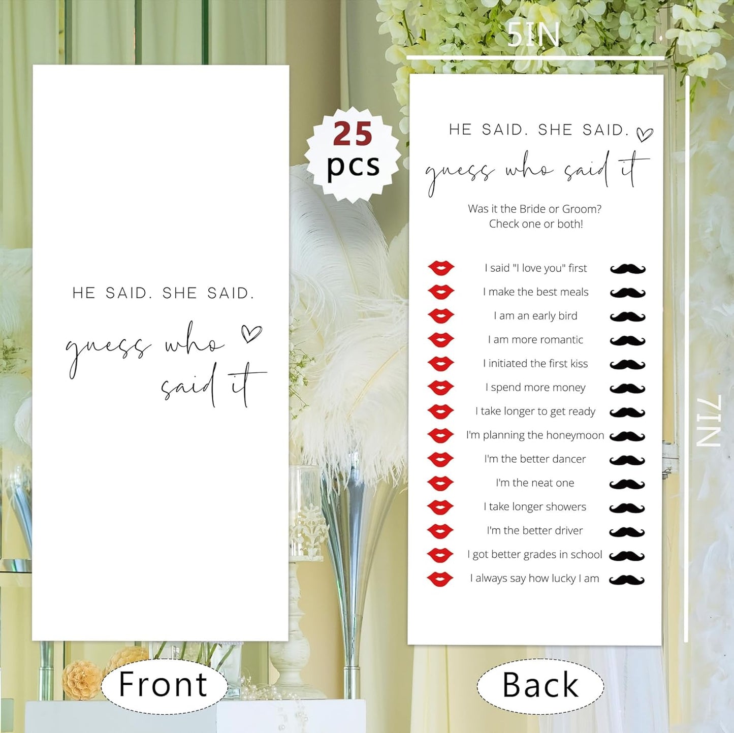 Bridal Shower Games, He Said She Said, 25Pcs 4x9inch Minimalist White Double-Sided Bridal Game Cards, Wedding Shower Games for Guests, Engagement Bachelorette Party Supplies - A12