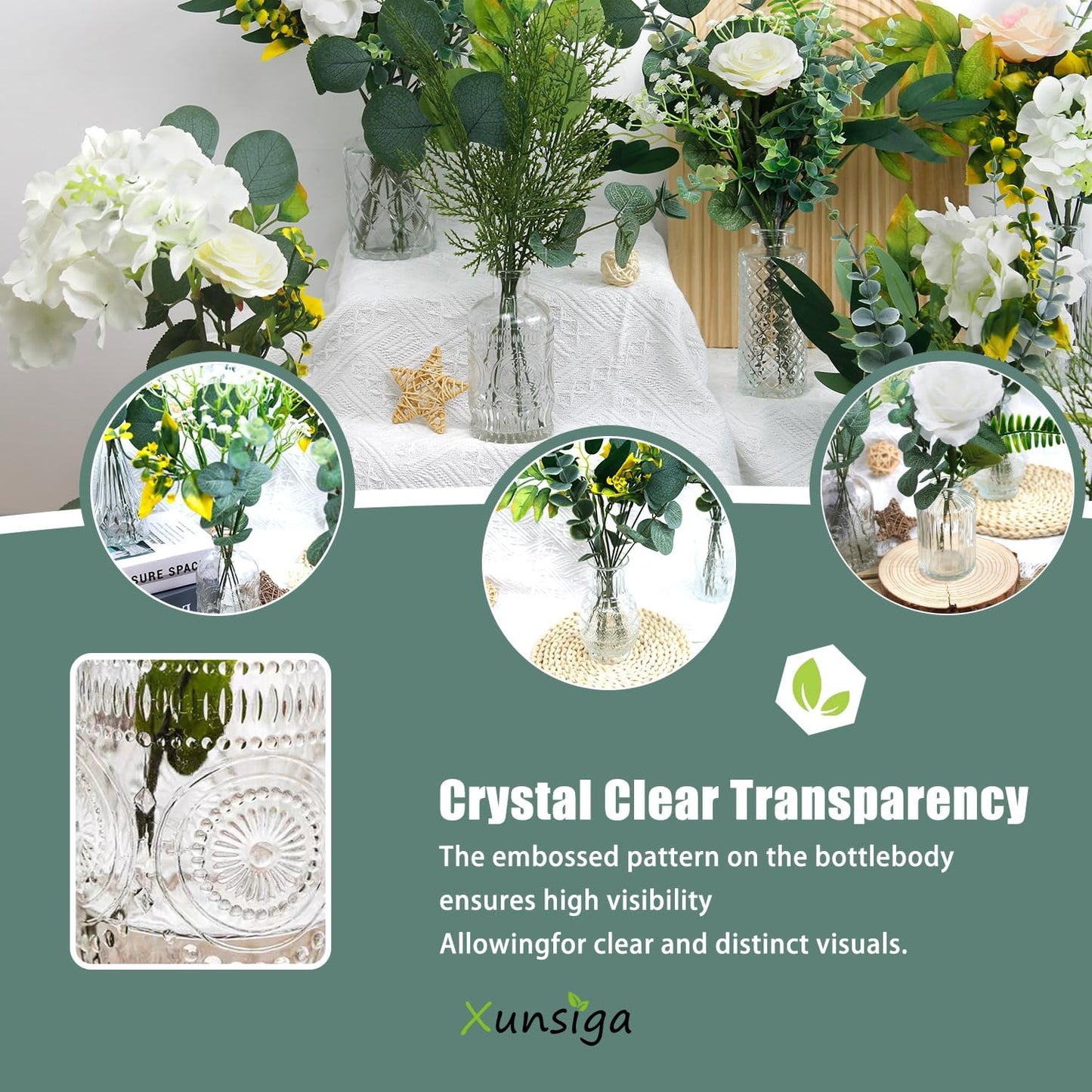 114Pcs Artificial Flowers in Vases Set, Fake Flower Greenery Stem Bulk Sets with 12Pcs Glass Bud Vases, Artificial Plants & Flowers for Wedding Centerpiece Table Decorations