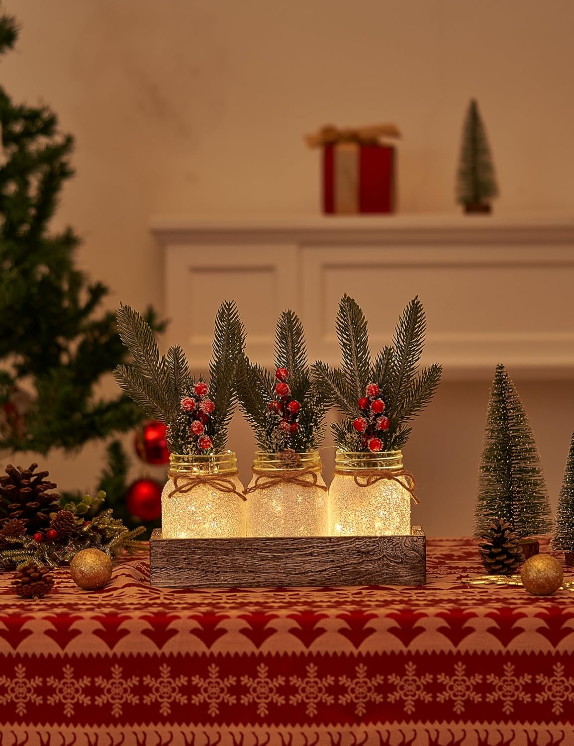 Christmas Centerpieces for Tables, Table Decor with Mason Jar, Flowers Picks, Farmhouse Wood Tray, Christmas Winter Table Decorations Centerpieces, Xmas Holiday, Kitchen, Room, Dining Decor