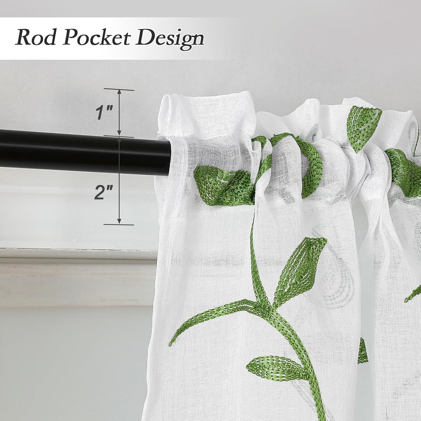 VISIONTEX Sheer Voile Curtain Valances, Decorative Leaves Embroidered, Rod Pocket Window Treatment for Kitchen/Rustic Bedroom/Living Room (54 x 16 Inch,1 Panel)