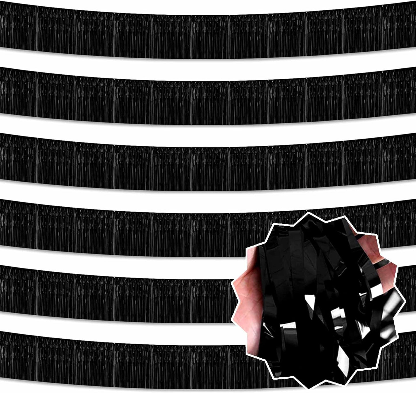 6 Pack 10 Ft Black Foil Fringe Garland Metallic Streamers Tinsel Banner Wall Hanging Garland Backdrop for Parade Floats, Halloween, Christmas, Thanksgiving, New Year Party Decorations