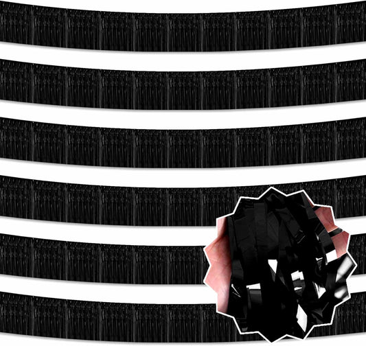 6 Pack 10 Ft Black Foil Fringe Garland Metallic Streamers Tinsel Banner Wall Hanging Garland Backdrop for Parade Floats, Halloween, Christmas, Thanksgiving, New Year Party Decorations