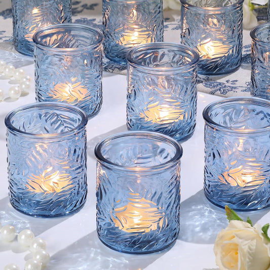 24 pcs Blue Votive Candle Holders, Tea Light Candle Holder for Wedding Centerpieces, Glass Candle Holders for Baby Shower Home Bridal Decoration Table Decor