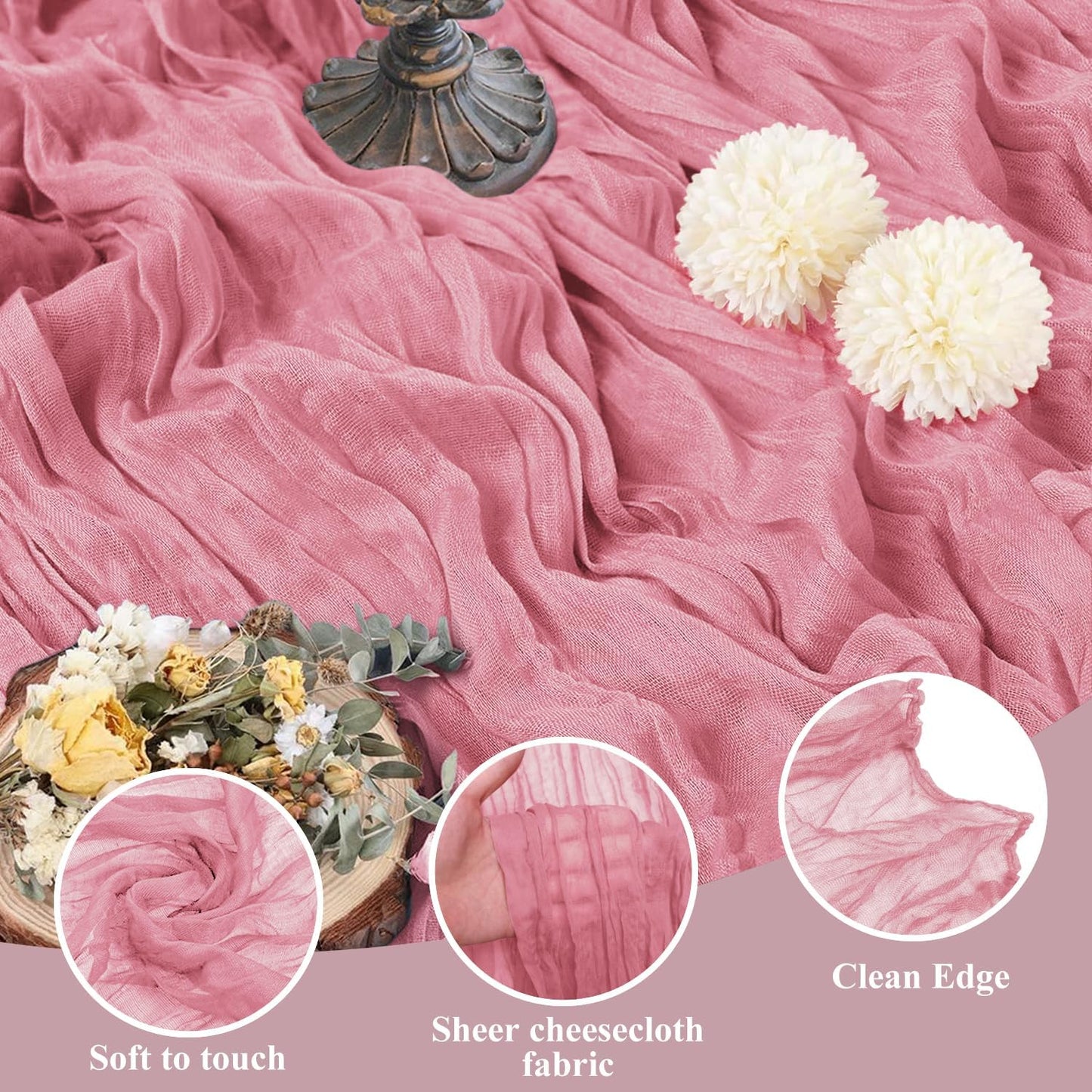 Asee'm Cheesecloth Table Runner 120 Inches Dusty Rose Boho Gauze Cheese Cloth Runner 10FT Rustic Sheer Fall Table Runners for Thanksgiving Wedding Baby Shower Holiday Party Decoration