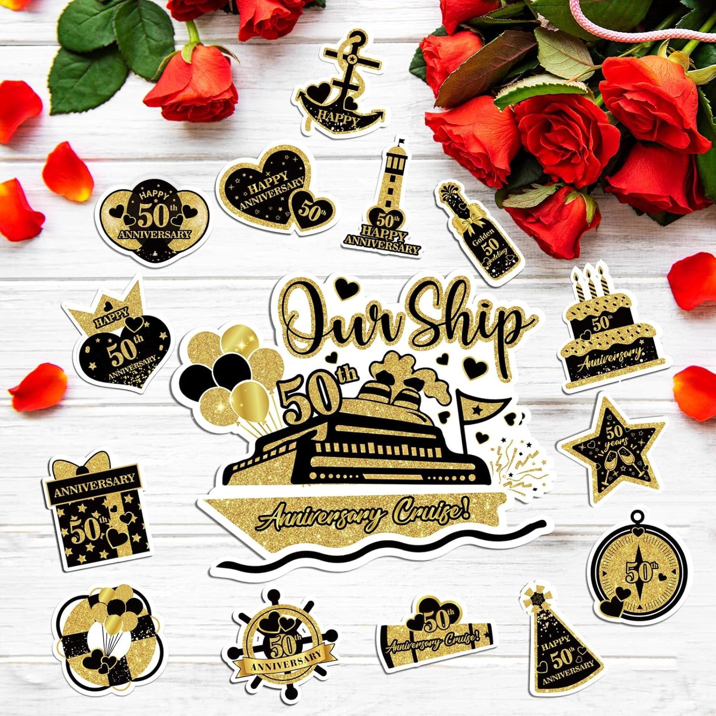 50th Anniversary Cruise Door Magnets Decorations, Gold Black Happy 50th Anniversary Cruise Ship Door Decor Magnetic for Married in 1975 Men Women Wedding Party Refrigerator Fridge Car Kitchen Garage