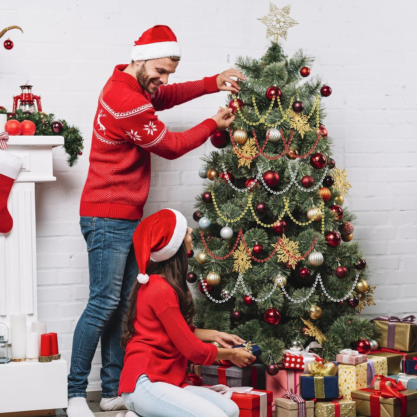 Craft String Pearls 10MM Pearl Bead, 33 Feet Silver Faux Pearl Garland Spool Roll Strand Wedding Party Decoration, Christmas Tree Decorations