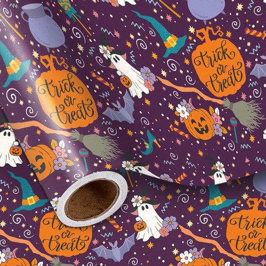 LeZakaa Purple Halloween Wrapping Paper Roll, Cute Trick-or-Treat Ghosts Pumpkins Witch Hats Gift Wrap for Kids Teens Adults, Halloween Decor, Party Favors, Mini Roll 17 in x 16.4 Ft