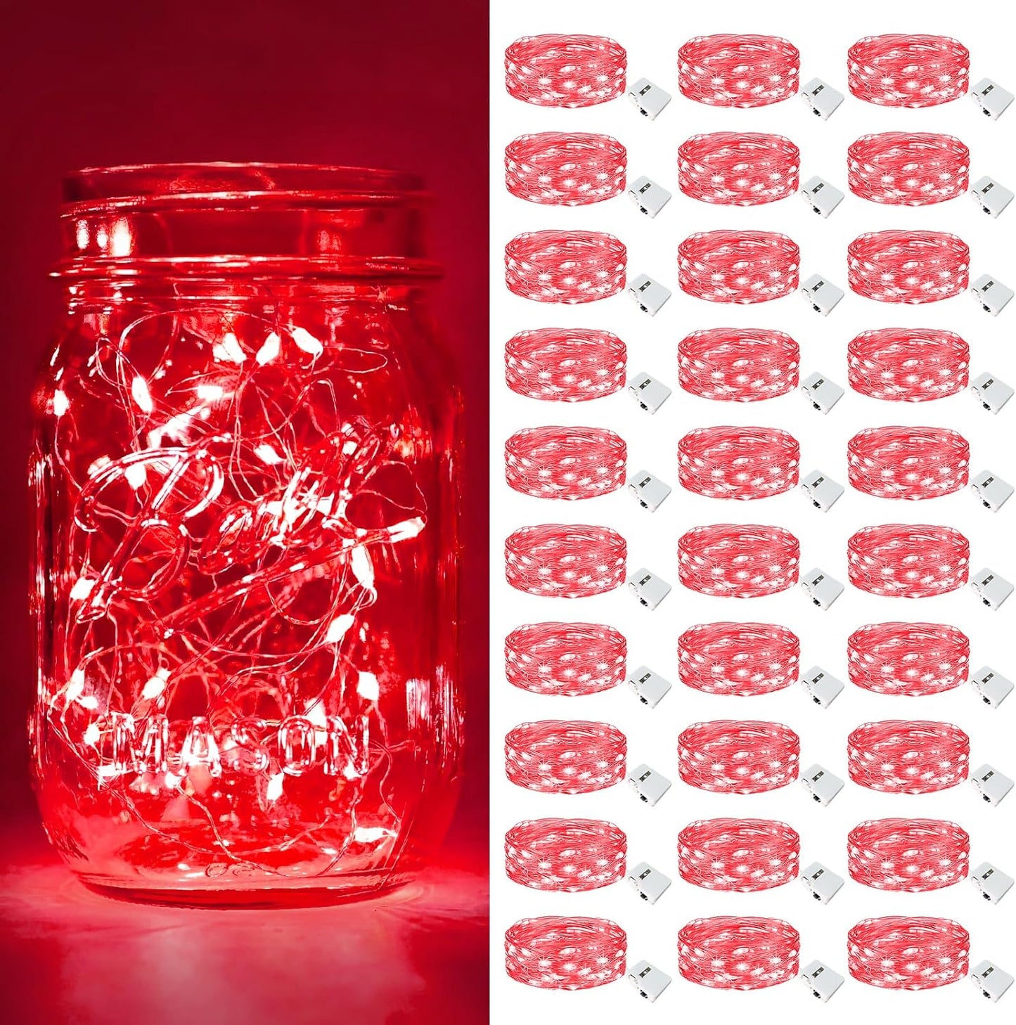 btfarm 30 Pack Fairy Lights Battery Operated [3 Modes], 7ft 20 Led Twinkle Lights String Lights Waterproof Bulk Small Mini Silver Wire for Christmas Mason Jars Wedding Table Centerpiece, Red