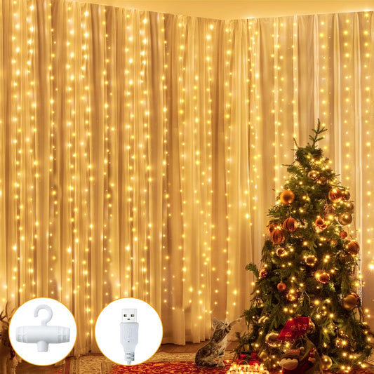 Ollny Silver Copper Wire Fairy Lights Curtain 200 LED 6.6x6.6ft, USB Warm White Curtain Lights with Hook, Waterproof Window Light for Bedroom Backdrop Wall Outdoor Indoor Decorations