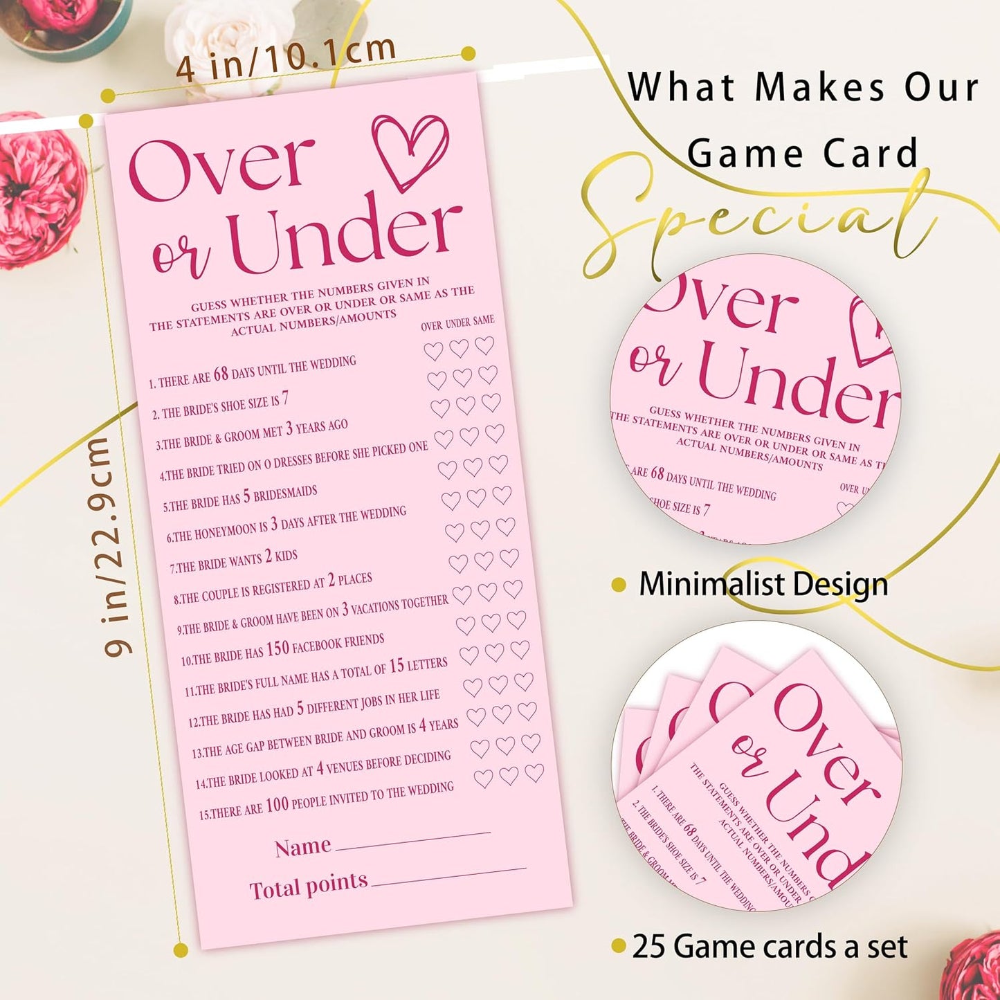 4x9 Inch Wedding Shower Games Cards, Over or Under, Pink Bridal Shower Games for 25 Guests, Engagement Party Supplies, Wedding Party Supplies Decoration-A01