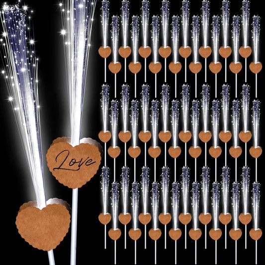 50 Pcs Wedding Sparklers Heart Shaped LED Glow Sticks Fiber Optic Wands Light up Wand with 3 Light Mode for Wedding Bridal Shower Birthday Glow in the Dark Party Supplies (Brown)