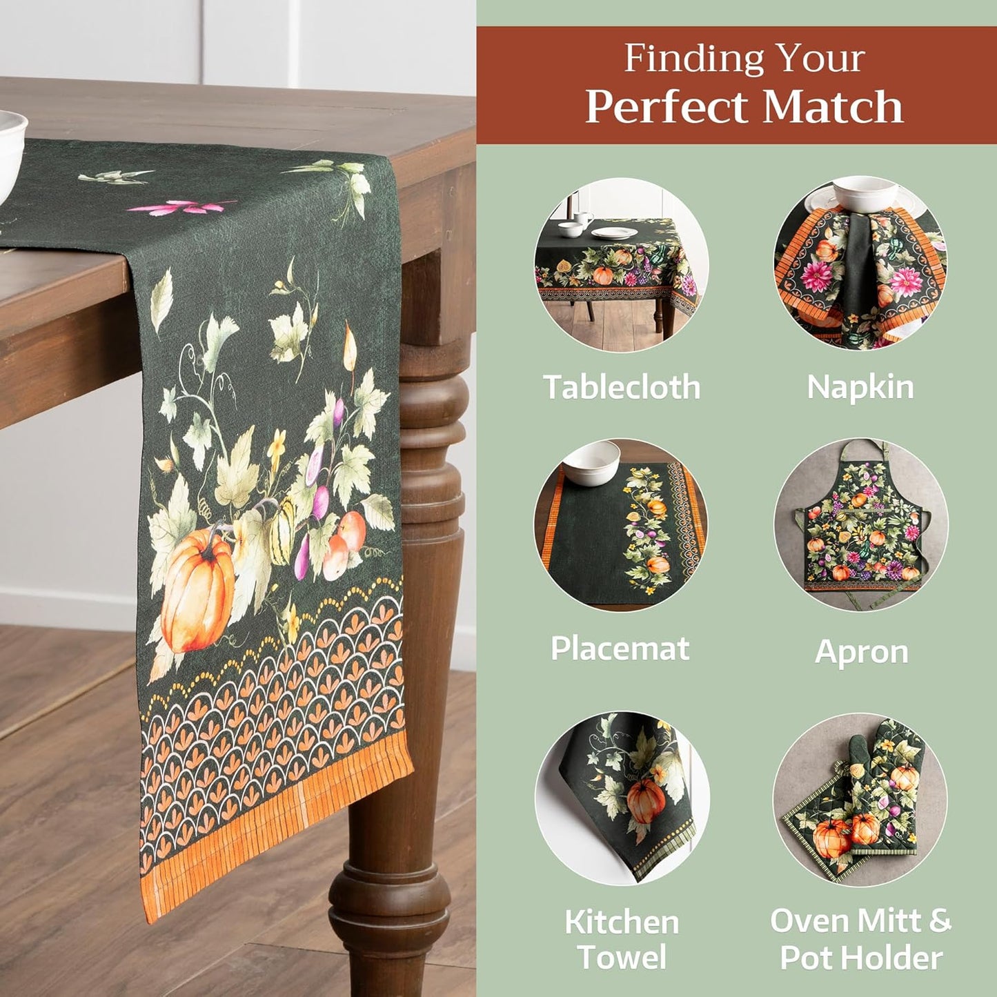 Maison d' Hermine Table Runner 100% Cotton Single Layer Table Runners 108 inches Long for Thanksgiving Christmas Decorations Home Kitchen Dining Wedding (Pumpkin Garden - Dark Green, 14.5" x 108")