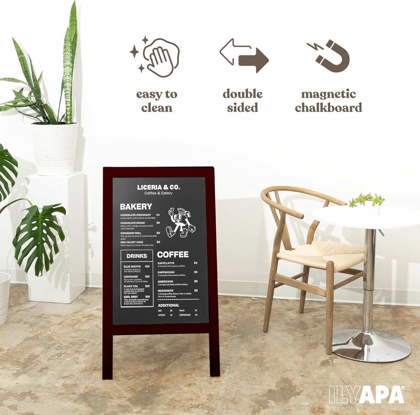 Ilyapa Wooden A-Frame Sign with Eraser & Chalk - 40 x 20 Inches Magnetic Sidewalk Chalkboard – Stained Wood Menu for Restaurant, Business or Wedding