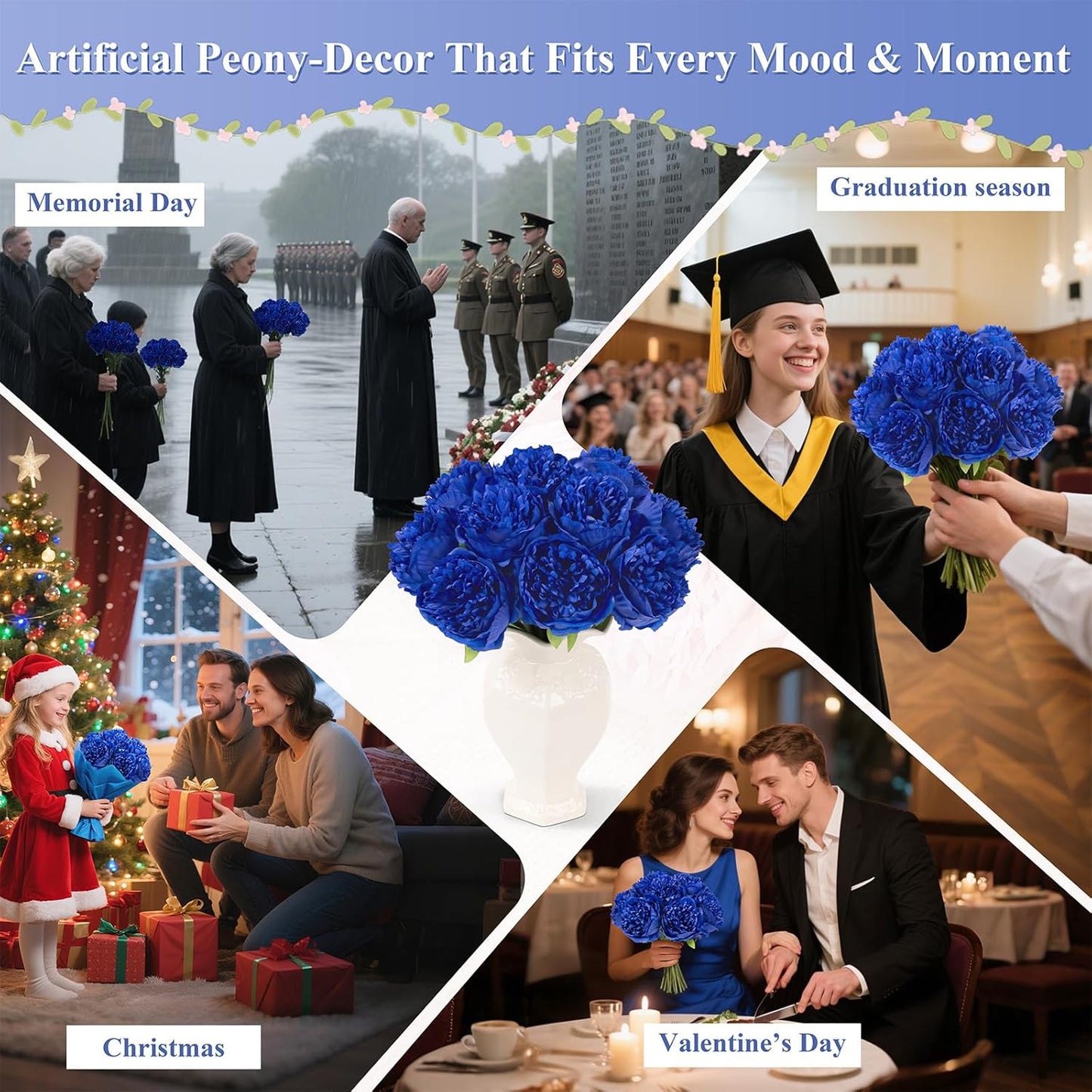 U'Artlines Artificial Peony Silk Flower with Stems 10pcs Real Look Vintage Peonies for Home Wedding Decoration (Navy Blue)