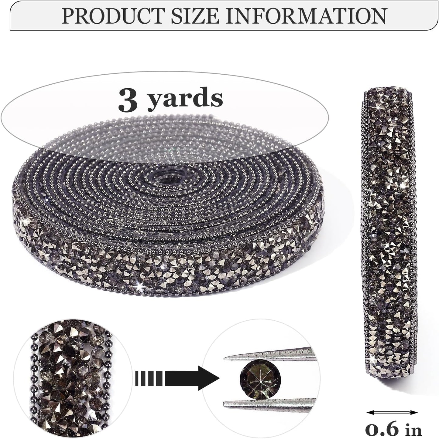 Rhinestone Ribbon 3 Yards Self Adhesive Rhinestone Strips Diamond Ribbon Sticker Crystal Roll Glitter Bling Rhinestones Tape for Crafting DIY Art Decoration (Jet Hematite,0.6 Inch)
