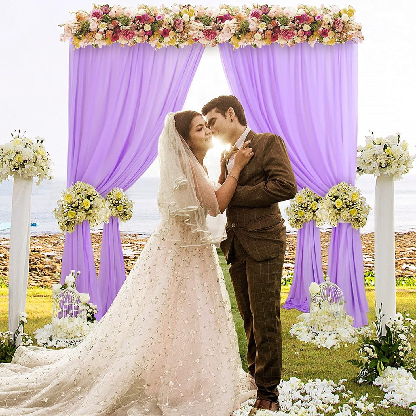 DUOBAO Lavender Chiffon Curtains 2 Panels 58 Inch Width by 120 Inch Long Light Purple Wedding Sheer Backdrop Drapes Window Curtain for Living Room Voile Photography Backdrops(5FTx10FT)