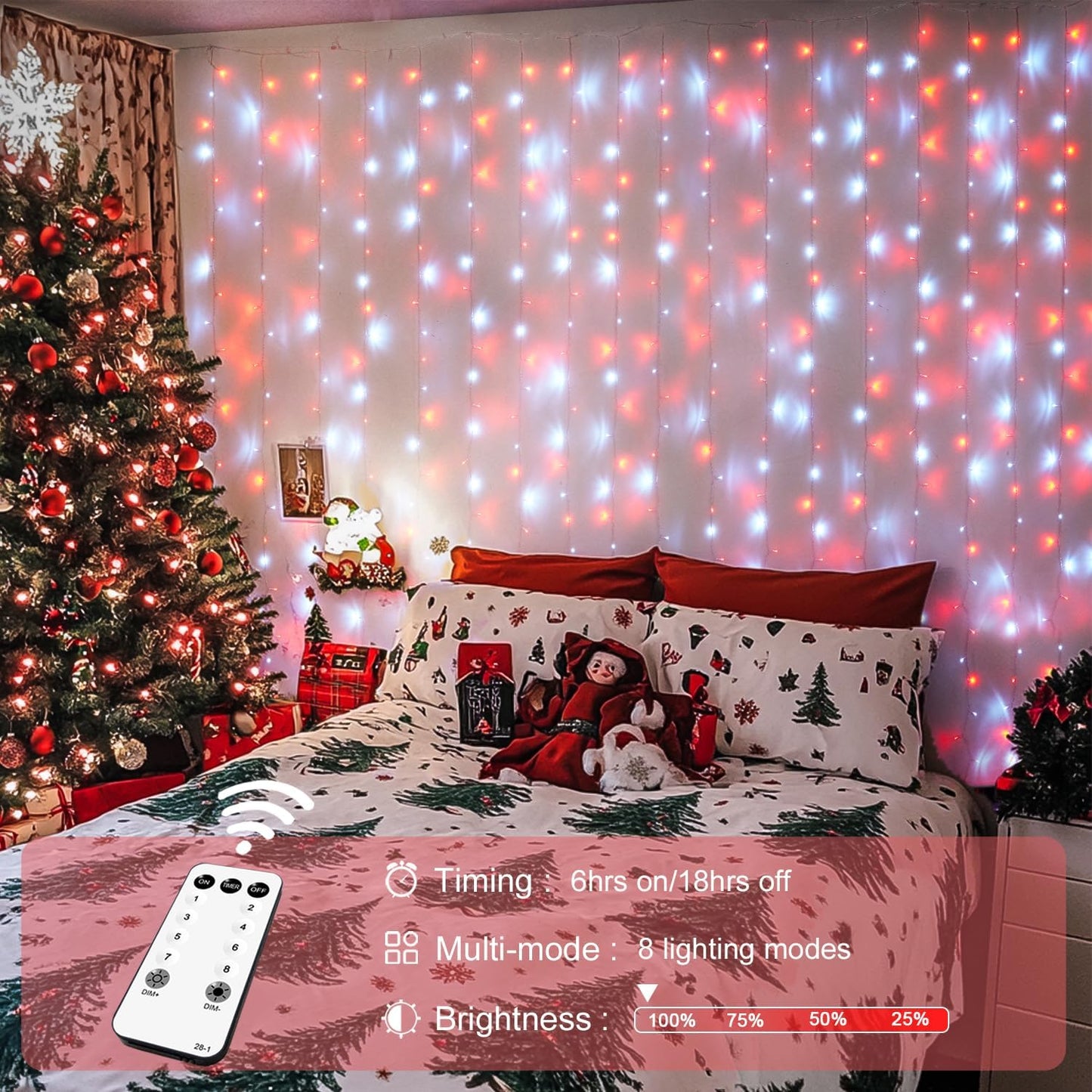 JMEXSUSS 300LED Red and White Christmas Curtain Lights with Remote, 9.8x9.8ft Christmas String Lights Plug in, 8 Modes Twinkle Hanging Fairy Lights for Bedroom Window Wall Porch Indoor Outdoor Decor