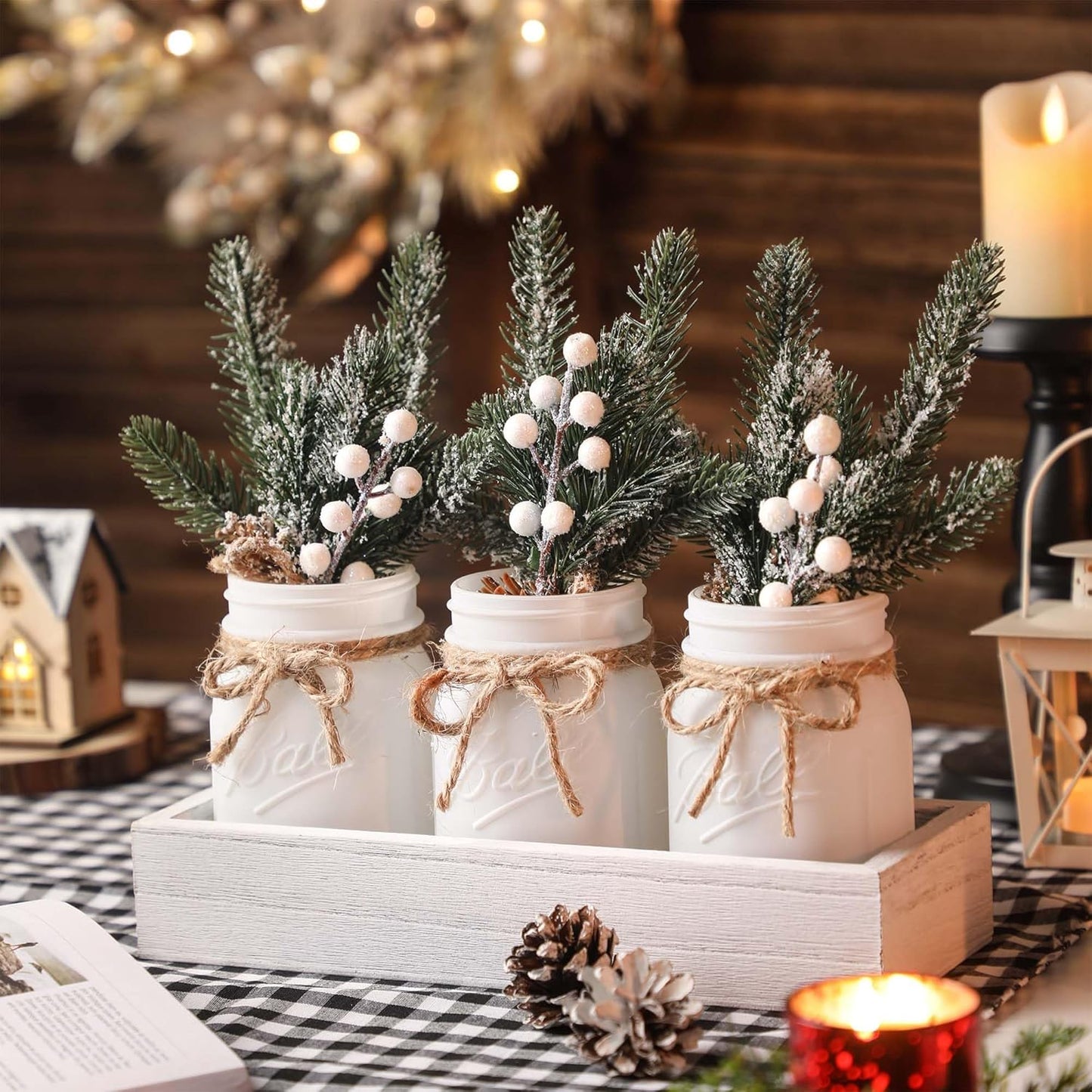 Mason Jars by Winter White, White Centerpieces & Wood Tray, 3 Decorative Jars for Home Table Decor, Farmhouse Dining Table & Kitchen Decorations