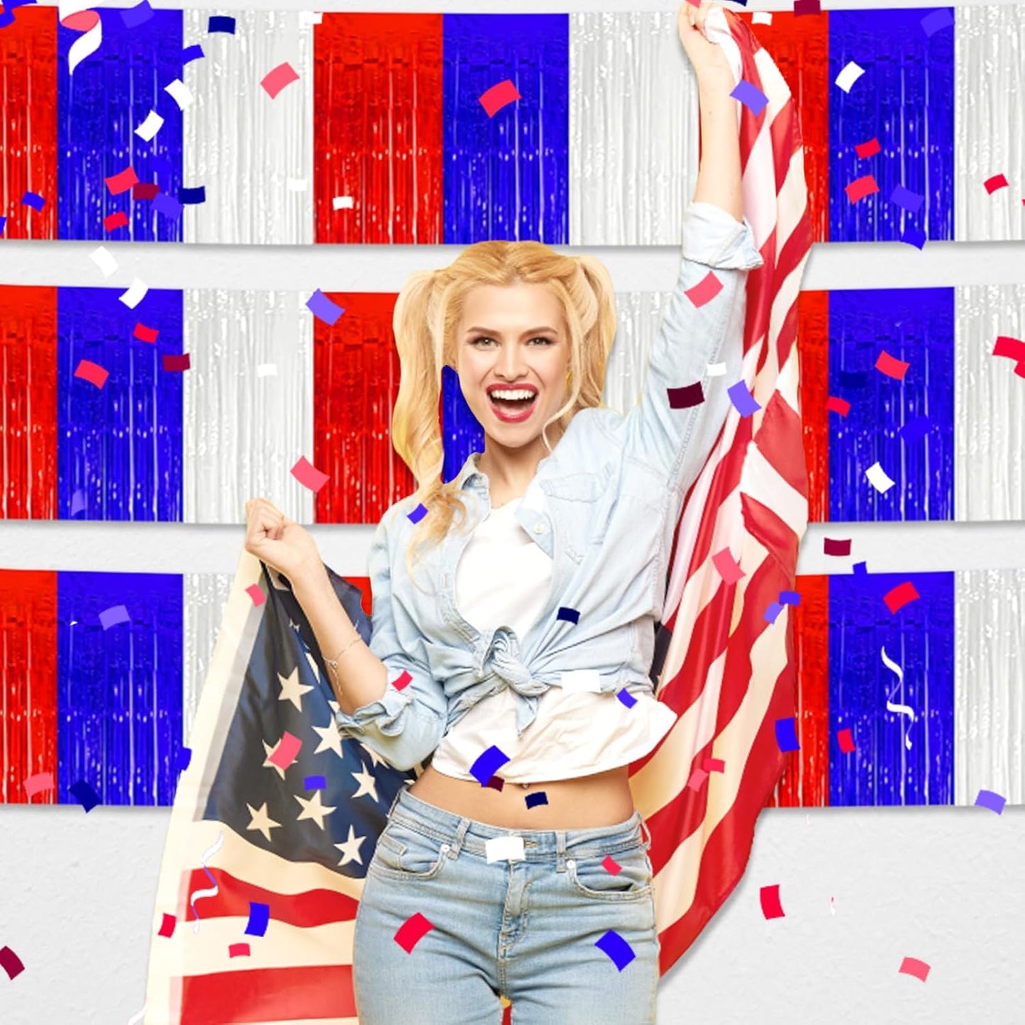 3 Pack 10 Long White Blue Red Metallic Foil Fringe Garland Wall Hanging Tassle Banner, Mother's Day, Easter, Parade Floats, Birthday, Theme Party, Wedding Party Decorations