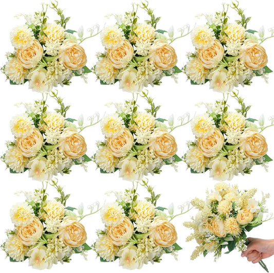Zeyune 8 Pcs Wedding Silk Flowers Fake Silk Flowers Faux Bouquet Hydrangea Bouquets for Wedding Birthday Party Table Centerpieces Home Decoration(Champagne,Peony)
