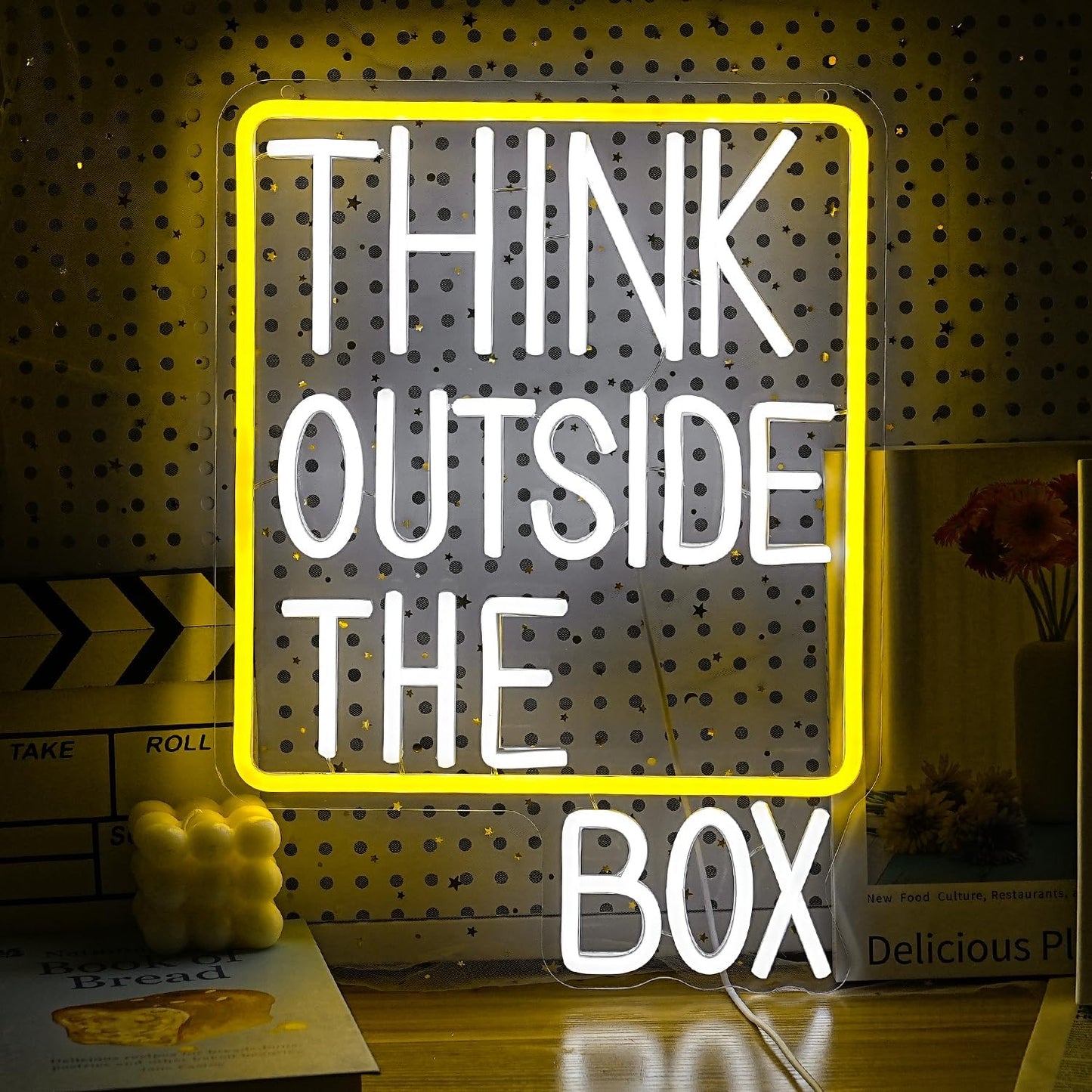 Think Outside The Box Neon Sign Dimmable White Words Neon Light for Wall Decor Led Think Light Up Sign for Study Room Classroom Library Meeting Room Bedroom (16.1 * 11.8 In)