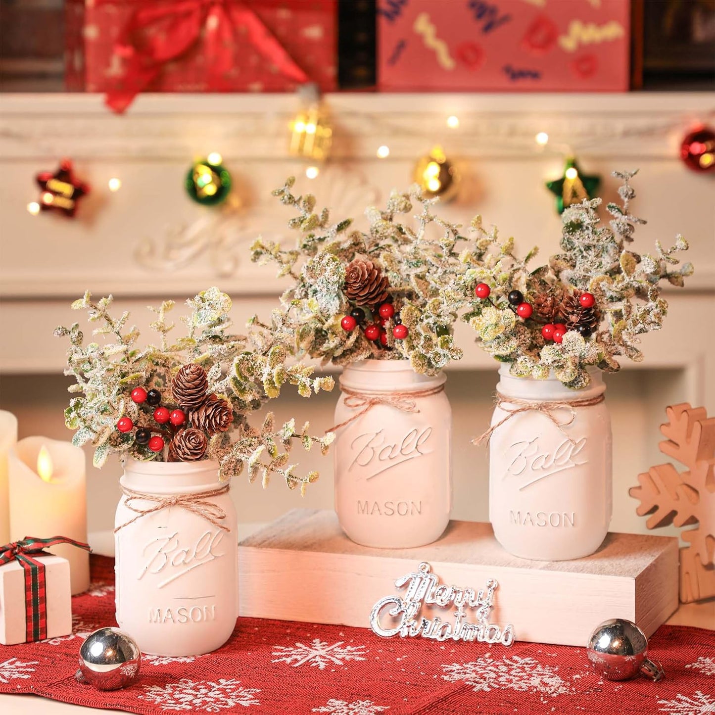 Christmas Mason Jars, Set of 3 White Painted Jars with Artificial Pine and Berries in Wood Tray, Christmas Centerpieces for Dining Table, Winter Home Decor