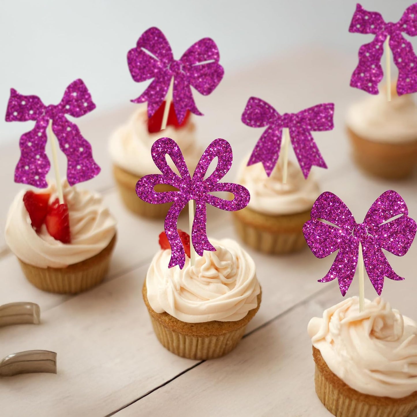 Ephlyn 24Pcs Bow Cupcake Toppers Bow Birthday Cake Topper Girls Birthday Party Decorations Bowknot Cupcake Decorations for Bridal Baby Shower Birthday Wedding Themed Party Purple