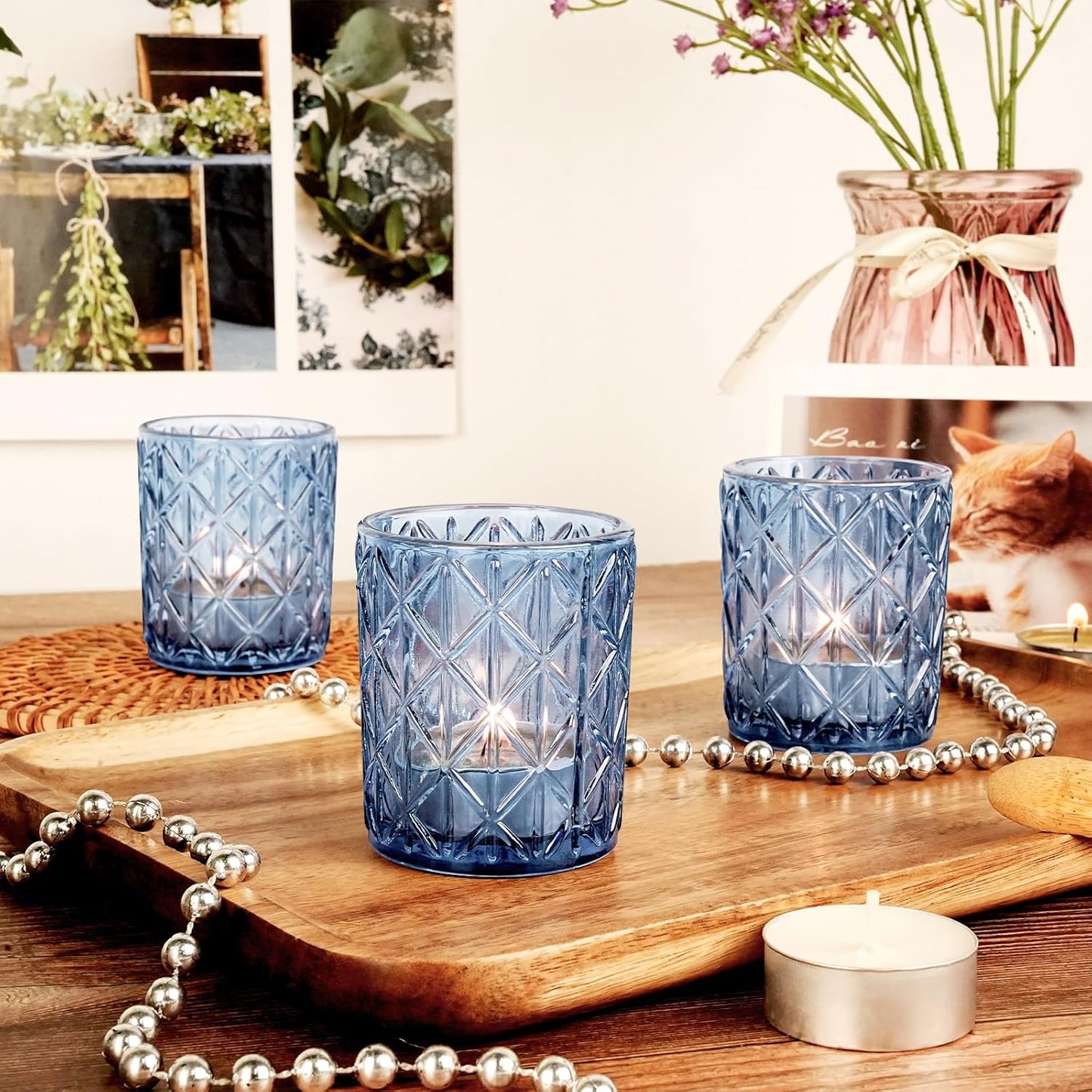 48pcs Blue Votive Tealight Candle Holders, Glass Tea Light Candle Holders for Table Centerpieces, Candle Holder for Wedding Decor, Gift, Home Decoration（Blue,48）