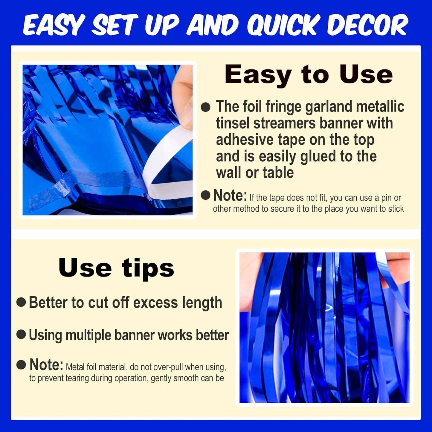 6 Pack 10 Ft Blue Foil Fringe Garland Metallic Streamers Tinsel Banner Wall Hanging Garland Backdrop for Parade Floats, Halloween, Christmas, Thanksgiving, New Year Party Decorations