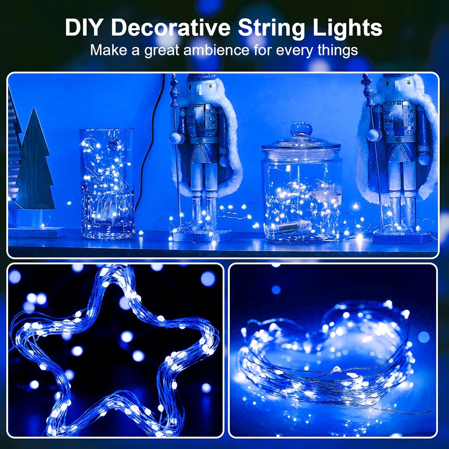 2 Pack 16Ft 50 LED Blue Fairy Lights Mini String Lights Waterproof for Mason Jars Halloween Christmas Parties Wedding Table Centerpieces Decoration