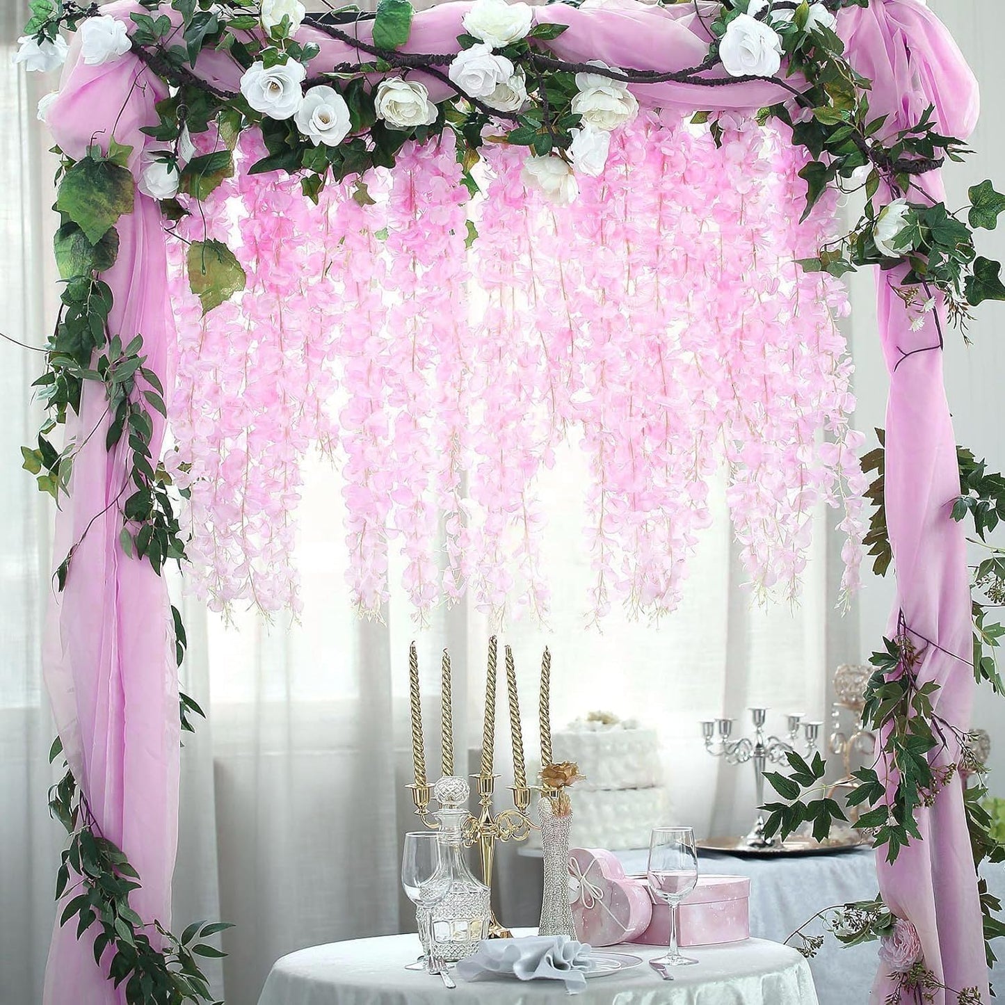 24 Pack Pink Wisteria Hanging Flowers Garland, 3.77 Feet Artificial Flower Vines, Fake Wisteria, Artificial Vines Hanging Garland for Backdrop Outdoor Yard Garden Decor