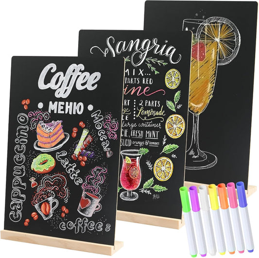 Double-Sided Small Chalkboard Signs (8 x 12 Inch) - Set of 3 with Stand & 7 Liquid Chalk Markers | Vintage Decorative Mini Tabletop Message Boards for Home & Events