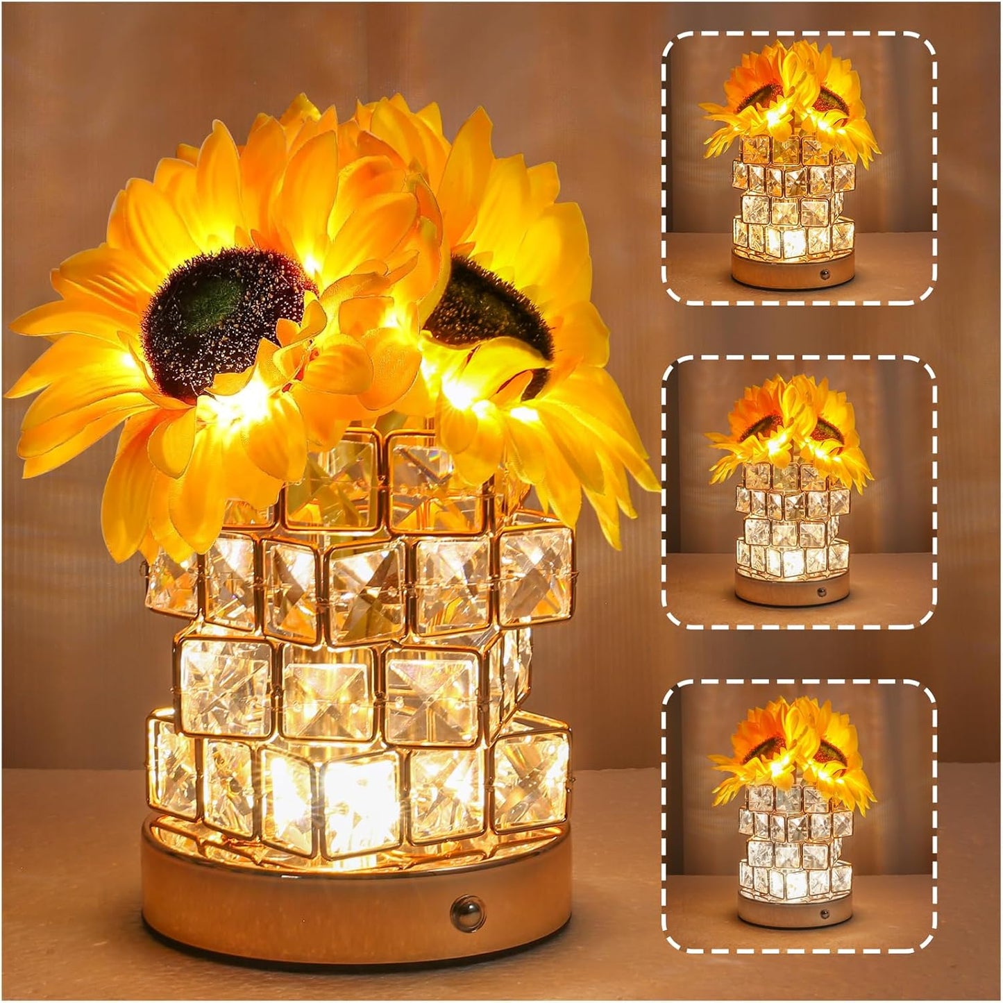 Birthday Gifts for Women/Mom Sunflower Cordless Table Lamp,3 Color Crystal Lamps Touch Bedside Lamps Infinitely Dimming with USB Charge Small Night Light,Nightstand Lamp for Bedroom (Square)