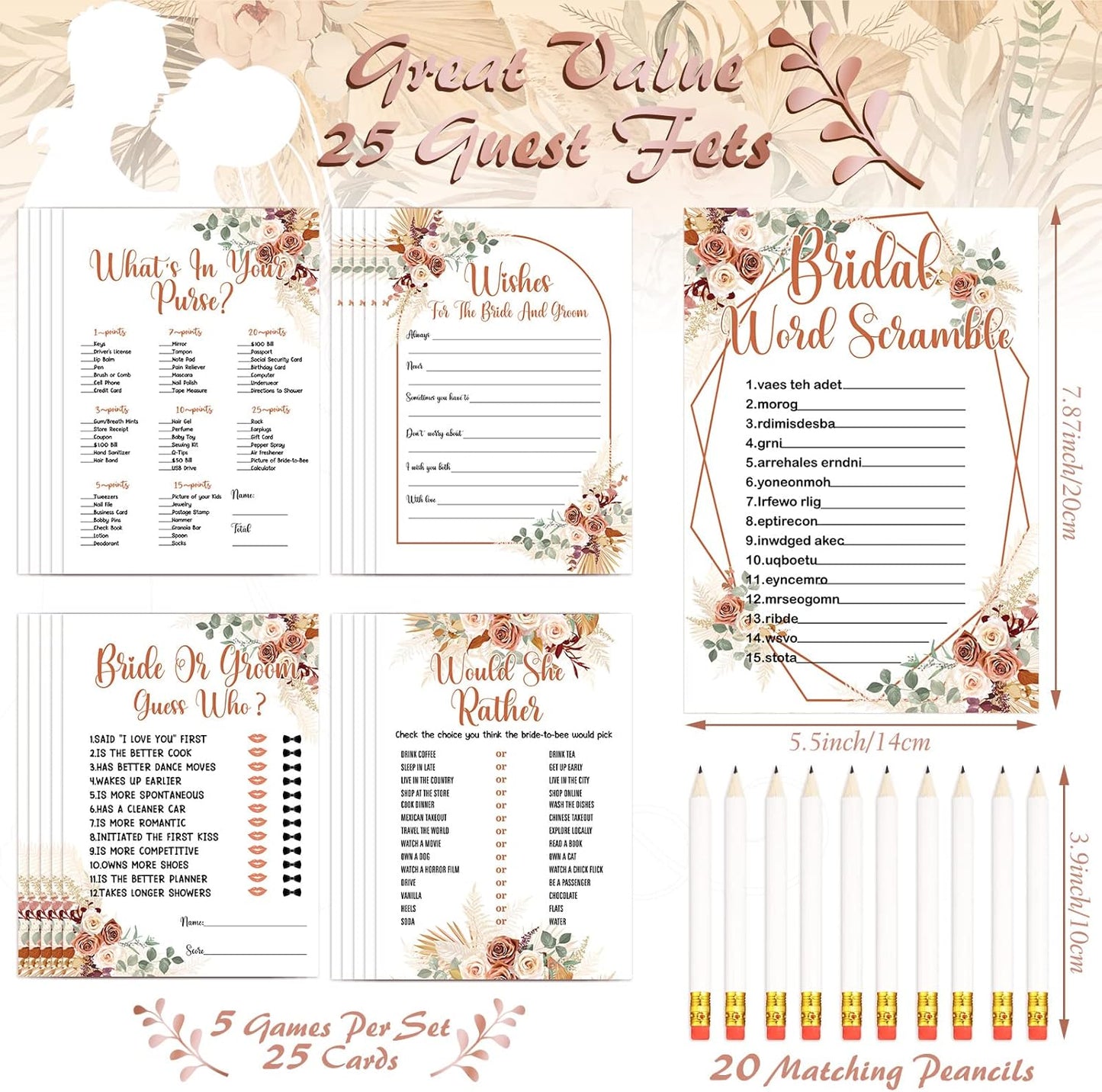 Teling 145 Pieces Bridal Shower Game Bridal Shower Favors Set Wedding Games Cards and Pencils for Bride Groom Bachelorette Party Wedding Party Favor(Boho Style)