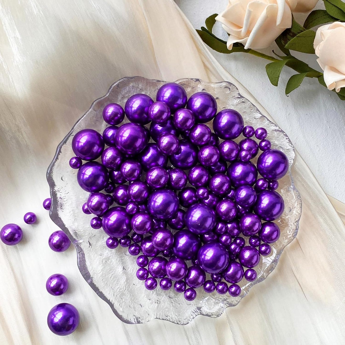180PCS Purple Beads for Centerpieces Vases, No Hole Polished Pearl Makeup Beads Mixed 8/14/20mm Sizes, Pearl Vase Fillers Table Scatters for Party Wedding Decor