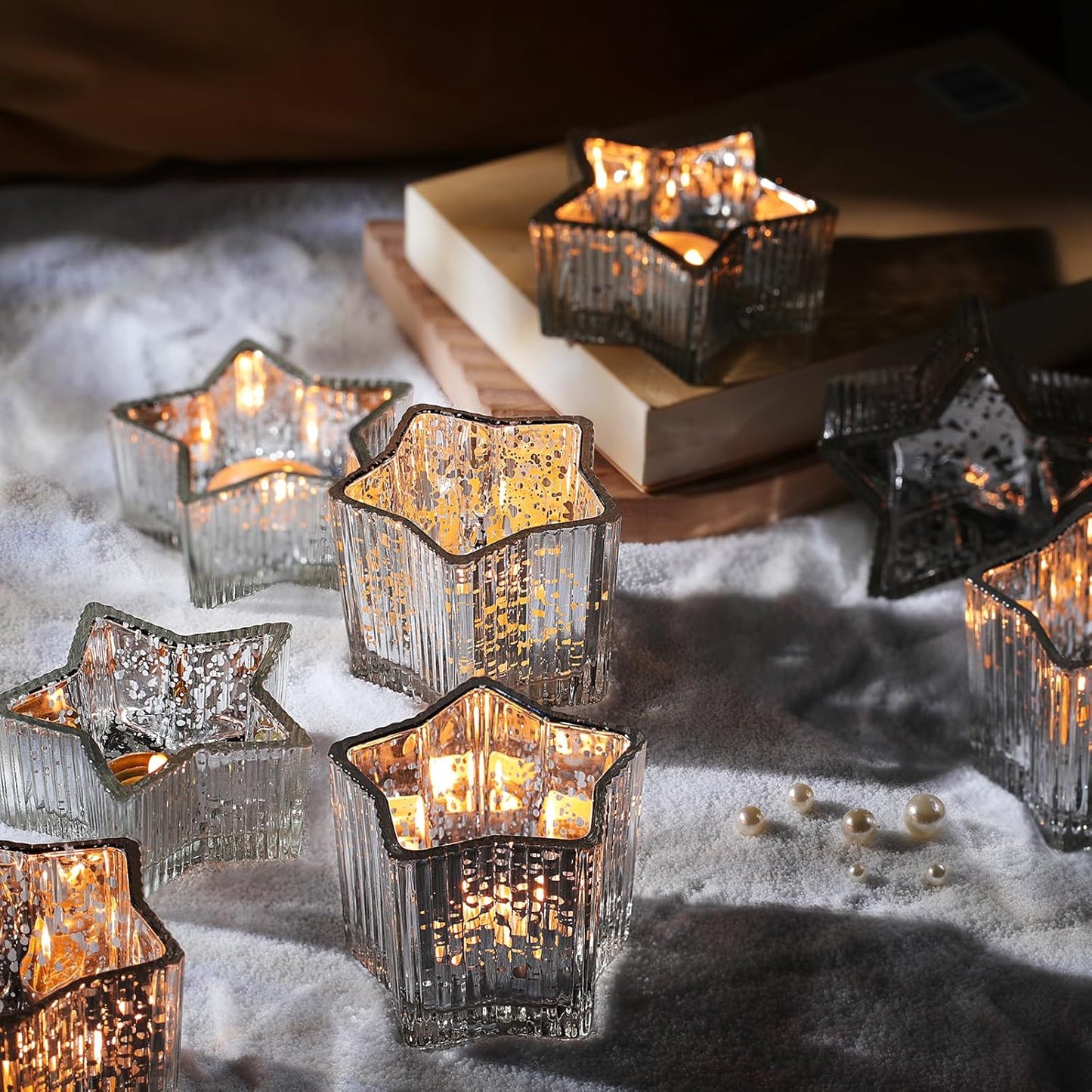 Letine 10pcs Silver Ribbed Star Candle Cups - Assorted Height Tea Light Holders, Votive Candle Holders forWedding, Fall Table Centerpiece, Mercury Glass Lucky Star Jar Decor(Tall 2.44", Short 1.57")